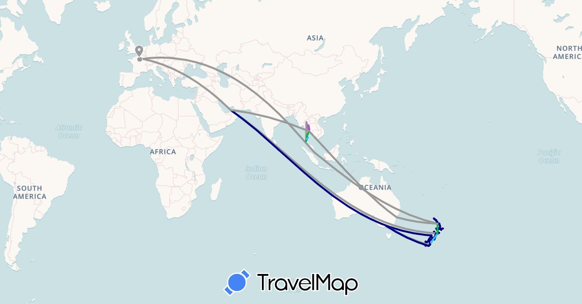 TravelMap itinerary: driving, bus, plane, train, boat in United Arab Emirates, Australia, France, New Zealand, Thailand (Asia, Europe, Oceania)